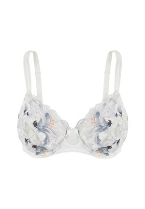 Soutien-gorge à armatures en tissu blanc avec broderies florales multicolores, bords festonnés et bretelles réglables. Détails texturés sur l'ensemble.