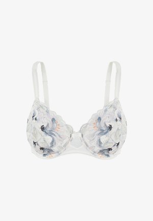 Soutien-gorge à armatures en tissu blanc avec broderies florales multicolores, bords festonnés et bretelles réglables. Détails texturés sur l'ensemble.