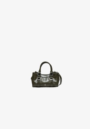 Sac à main en cuir vert foncé avec double poignées, détails de boucle à l'avant et bandoulière amovible.