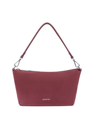 Small burgundy handbag with detachable single strap, silver zipper, and ROECKL logo centered on front.