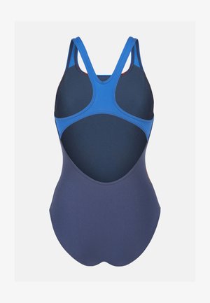 Bañador en azul marino con un acento en azul y naranja. Presenta un diseño de espalda cruzada y abertura en la espalda. Hecho de tela elástica y suave.