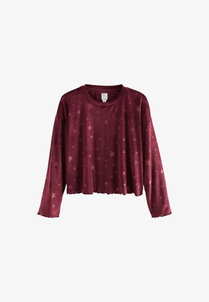 Sweatshirt court à manches longues bordeaux avec un motif d'étoiles et une texture côtelée, doté d'un col rond et d'un ourlet et de poignets à bords festonnés.