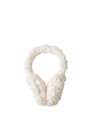 Cache-oreilles blancs et duveteux avec un rembourrage épais texturé recouvrant le bandeau et les coquilles d'oreilles pour la chaleur et le confort.