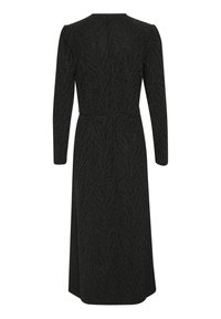 Schwarzes langärmliges Kleid mit strukturiertem Blattmuster, tailliertem Schnitt und geradem Rock. Die Rückansicht zeigt einen runden Ausschnitt und dezente Puffärmel.