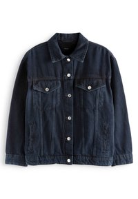 Chaqueta de mezclilla azul oscura con botones plateados, dos bolsillos en el pecho con solapas y bolsillos laterales, extendida sobre un fondo blanco.