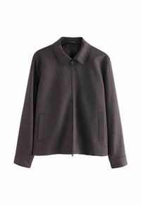 Dark grey, zip-up jacket made from textured fabric, featuring a collar, side pockets, and long sleeves with cuffed ends.