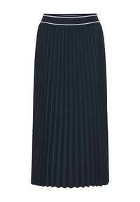 Jupe plissée en tissu bleu marine avec une texture lisse et une taille élastique présentant une bande blanche contrastante. Design mi-long.