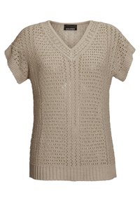 Beige gebreide short-sleeve trui met een V-hals. Heeft een opengewerkte structuur en een geribbelde zoom, wat de textuur en het lichte materiaal benadrukt.