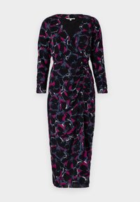 Long-sleeve wrap dress in black fabric with a floral pattern in shades of vibrant pink, blue, and white. Featuring a gathered waist and deep neckline.