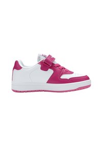 Weißer und pinker Sportschuh mit synthetischem Obermaterial, gepolstertem Kragen, Schnürung und Klettverschluss. Ausgestattet mit einer Gummisohle.