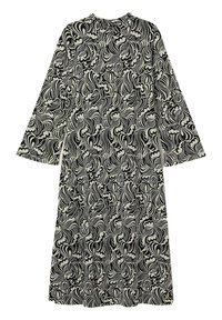 Pitkähihaiset mustavalkoinen mekko, jossa on abstrakti pyörteilevä kukkakuvio ja korkea kaulus.