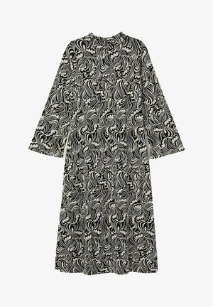 Pitkähihaiset mustavalkoinen mekko, jossa on abstrakti pyörteilevä kukkakuvio ja korkea kaulus.