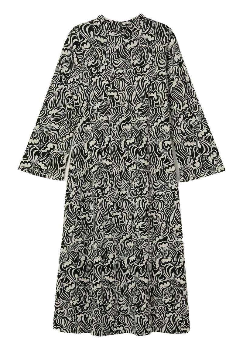 Pitkähihaiset mustavalkoinen mekko, jossa on abstrakti pyörteilevä kukkakuvio ja korkea kaulus.