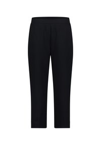 Černé slim-fit kalhoty vyrobené z hladké, elastické látky. Mají vysoký pas a zkrácenou délku, bez kapes nebo ozdob.