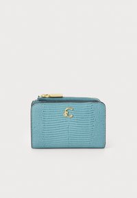 Blue textured leather cardholder with a gold zipper and logo accent, featuring a rectangular shape and smooth finish.