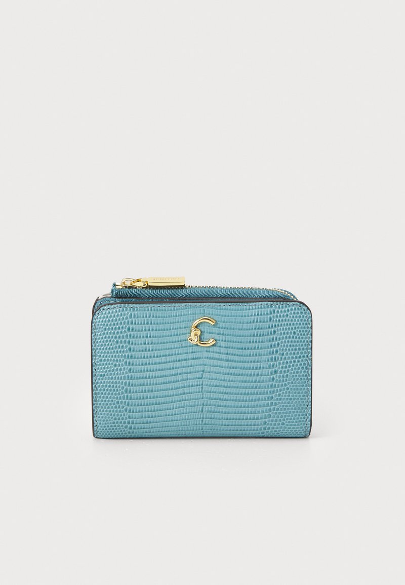 Blue textured leather cardholder with a gold zipper and logo accent, featuring a rectangular shape and smooth finish.