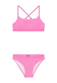 Set di bikini rosa con top corto testurizzato e spalline incrociate, abbinato a un bikini inferiore, entrambi con bordi morbidi e fodere a contrasto.