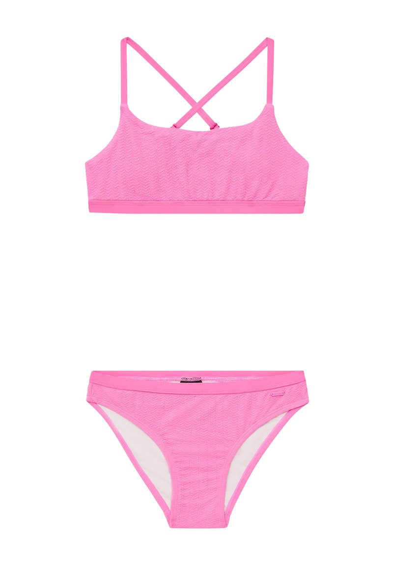 Set di bikini rosa con top corto testurizzato e spalline incrociate, abbinato a un bikini inferiore, entrambi con bordi morbidi e fodere a contrasto.