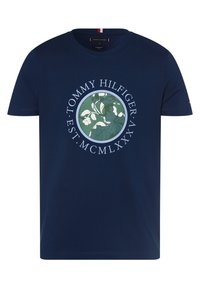 Námořnická modrá bavlněná tričko s kulatým grafickým vzorem se zeleným listím a textem. Krátké rukávy a kulatý výstřih, standardní střih.