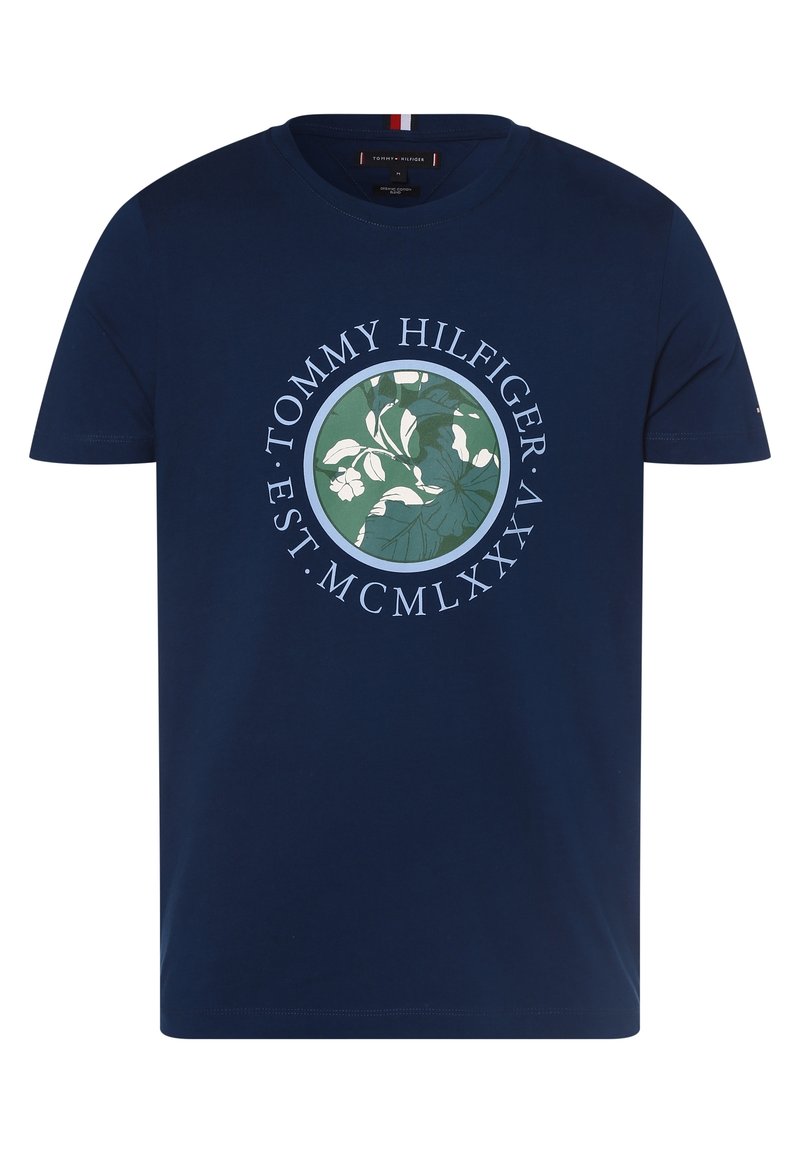 Námořnická modrá bavlněná tričko s kulatým grafickým vzorem se zeleným listím a textem. Krátké rukávy a kulatý výstřih, standardní střih.