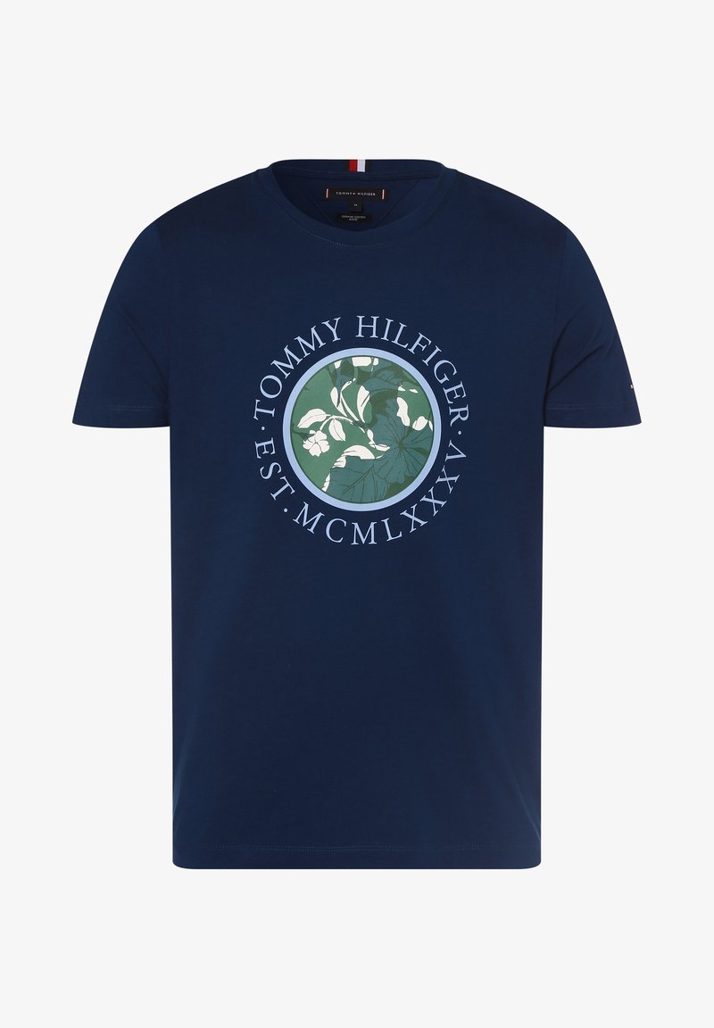 Námořnická modrá bavlněná tričko s kulatým grafickým vzorem se zeleným listím a textem. Krátké rukávy a kulatý výstřih, standardní střih.