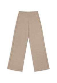 Pantalones de pierna ancha en un suave tejido de punto beige, con una cómoda cinturilla elástica y detalles laterales sutiles.