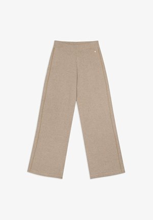 Brede broek in een zachte beige brei stof, met een comfortabele elastische tailleband en subtiele zijdetails.