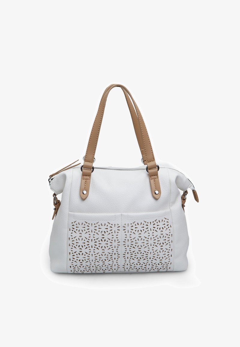 Biała skórzana torebka o teksturowanym wykończeniu oraz miodowymi skórzanymi akcentami. Posiada wycięty wzór na przedniej kieszeni oraz podwójne uchwyty.