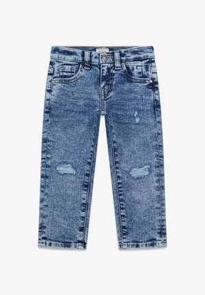 Modré opotrebované denimové nohavice pre deti s prednými a zadnými vreckami, pútkami na opasok a gombíkovým zapínaním v páse.