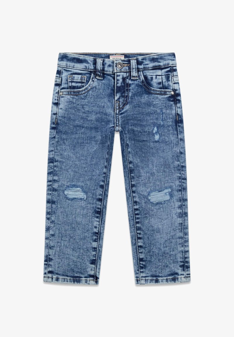 Jeans in denim blu con effetto usurato per bambini, dotati di tasche anteriori e posteriori, passanti per cintura e chiusura a bottone in vita.