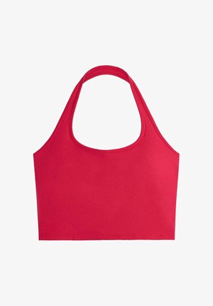 Haut court halter rouge vif avec large sangle au cou et design sans manches, posé à plat sur fond blanc.