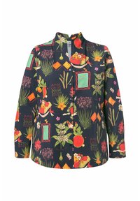 Giacca a bottoni con motivo floreale in tessuto blu navy, caratterizzata da illustrazioni vivaci di piante, frutti e elementi decorativi.