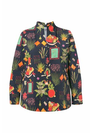 Hemdjacke mit Blumenmuster aus marineblauem Stoff, die lebendige Illustrationen von Pflanzen, Früchten und dekorativen Elementen zeigt.