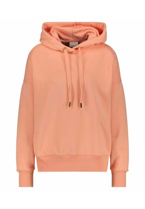 Pfirsichfarbene Kapuzenjacke aus weichem Stoff, mit einer Kordelzugkapuze und goldenen Akzenten, gerippten Bündchen und lockerer Passform.