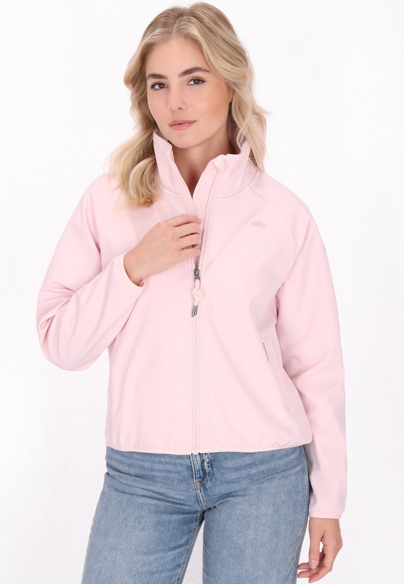 Svetlo roza softshell jakna z zadrgo spredaj, stoječim ovratnikom in dvema stranskima žepoma; ima teksturirano blago in majhen logotip.