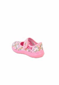 Rosa Stoffschuh mit einem Einhorn- und Regenbogenmuster, ausgestattet mit einem Klettverschluss und einer flexiblen Gummisohle.
