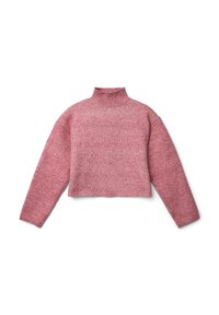 Maglione corto rosa realizzato in un materiale a maglia testurizzato, con colletto alto e maniche lunghe dal taglio leggermente oversize.