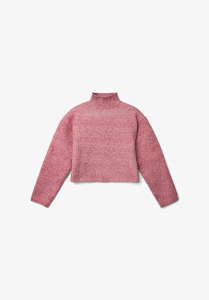 Rosa, verkürzter Pullover aus strukturierter Strickware, mit hohem Ausschnitt und langen Ärmeln im leicht lockeren Schnitt.