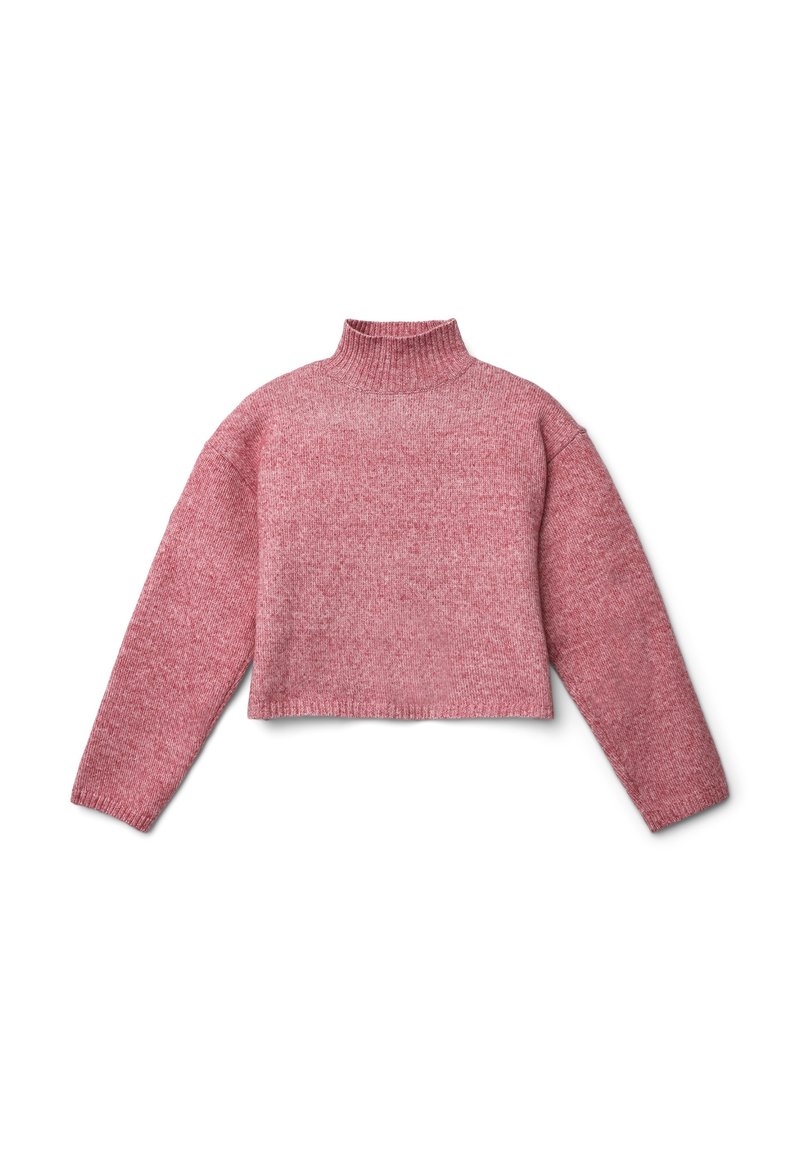 Maglione corto rosa realizzato in un materiale a maglia testurizzato, con colletto alto e maniche lunghe dal taglio leggermente oversize.