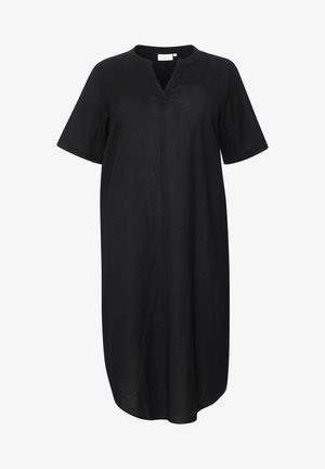 Mustmust kleit lõdva lõike, lühikeste varrukatega ja V-kaelusega. Omab sirget lõiget ja äärt, sile tekstuur ilma mustriteta.