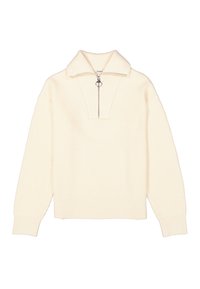 Suéter de punto color crema con media cremallera y un cuello ancho. Presenta una textura acanalada y un corte relajado, con mangas largas.
