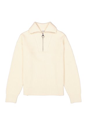 Suéter de punto color crema con media cremallera y un cuello ancho. Presenta una textura acanalada y un corte relajado, con mangas largas.