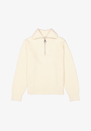 Cremefarbener gestrickter Pullover mit einem Viertel-Reißverschluss und einem breiten Kragen. Mit geripptem Textur und lockerer Passform, mit langen Ärmeln.