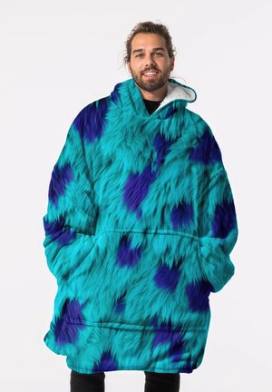 Fleece oversized hoodie in teal and purple fur-like pattern, featuring a large hood and front pocket, with a soft, textured finish.