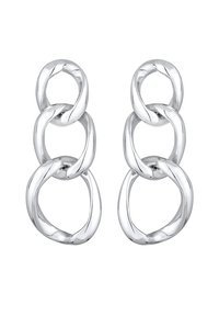 Hõbedased metallist kõrvarõngad, millel on omavahel seotud ovaalsed ketid, millel on sile ja poleeritud pind, esitlemas modernset, геomeetrilist stiili.