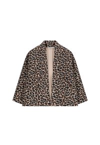 Leopardenprint kimono jasje met een ontspannen pasvorm. Gemaakt van zachte stof, met een ronde halslijn en een open voorkant. Bruine, zwarte en beige kleuren.