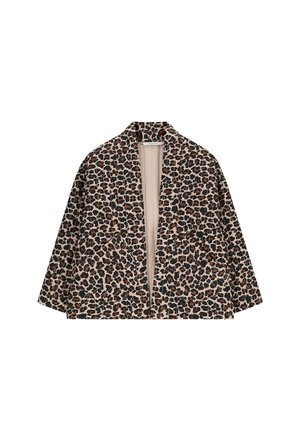 Leopardenprint kimono jasje met een ontspannen pasvorm. Gemaakt van zachte stof, met een ronde halslijn en een open voorkant. Bruine, zwarte en beige kleuren.