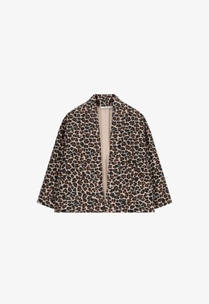 Leopardenprint kimono jasje met een ontspannen pasvorm. Gemaakt van zachte stof, met een ronde halslijn en een open voorkant. Bruine, zwarte en beige kleuren.