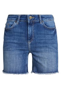 Jeansshorts i en medelblå tvätt med fransad fåll, femficksdesign, metalldetaljer och kontrasterande sömmar.