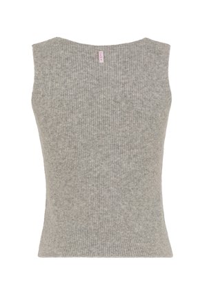 Top grigio senza maniche in maglia a costine con scollatura tonda e orlo dritto. Presenta un piccolo etichetta sul retro. Morbido al tatto.